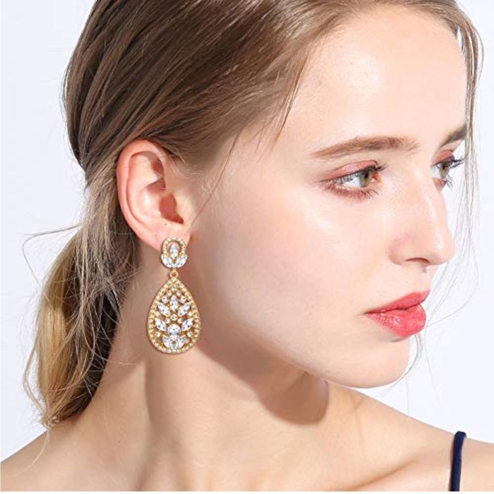 Yellow Gold with White Diamond Austrian Crystal Teardrop Chandelier Earrings - Picture 4 of 7